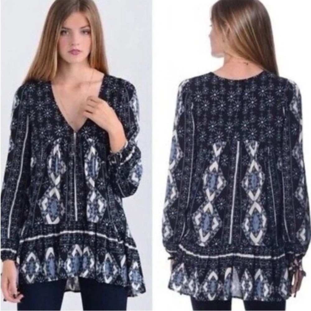 FREE PEOPLE Womens Black Print V-Neck Tunic Mini Dress Boho Spring Size Small